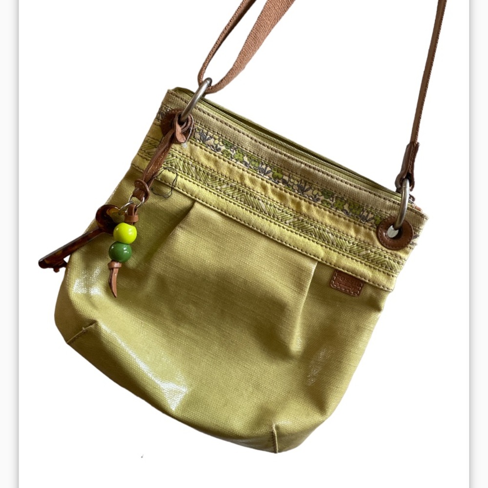 Fossil Key-Per EUC GREEN COATED FLORAL CANVAS CROSSBODY SHOULDER BAG 11”x11”